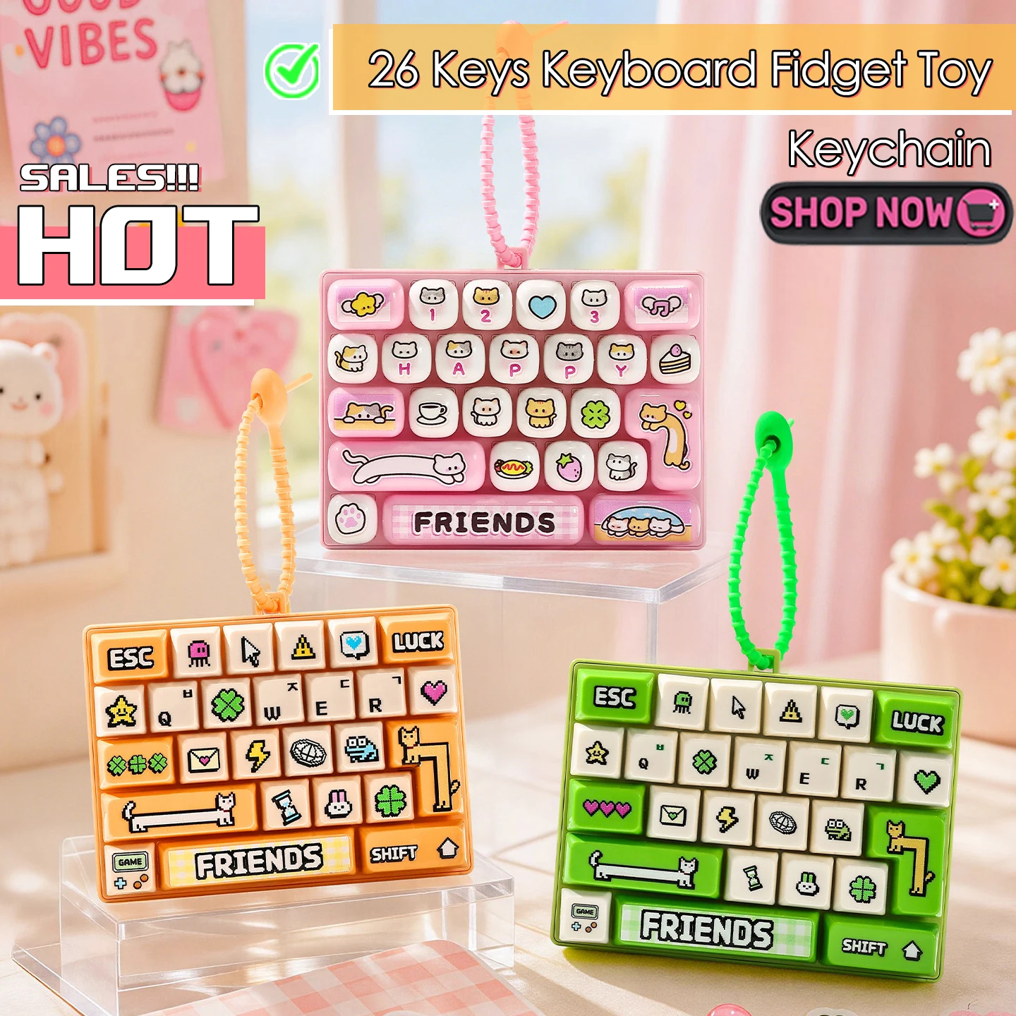26 Keys Keyboard Fidget Keychain Stress Relief Sensory Toy for Backpack Pendant Keyring Daily Anxiety Bag Charms Gift