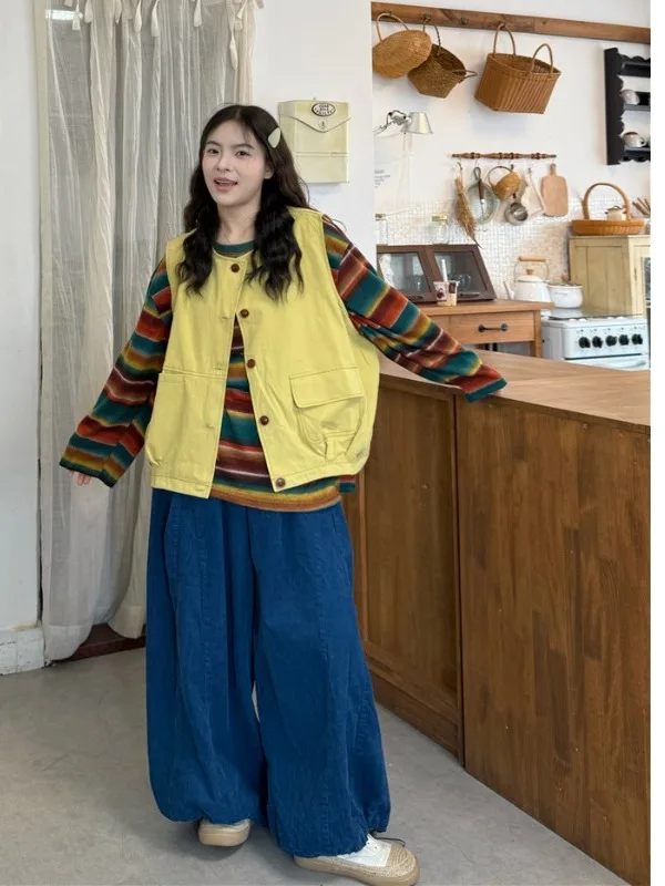 

plus Size Women's Lazy Sle Retro round Ne Long Sve T-irt Casual High Waist Wide Leg Pants Two Piece Set Autumn Winter