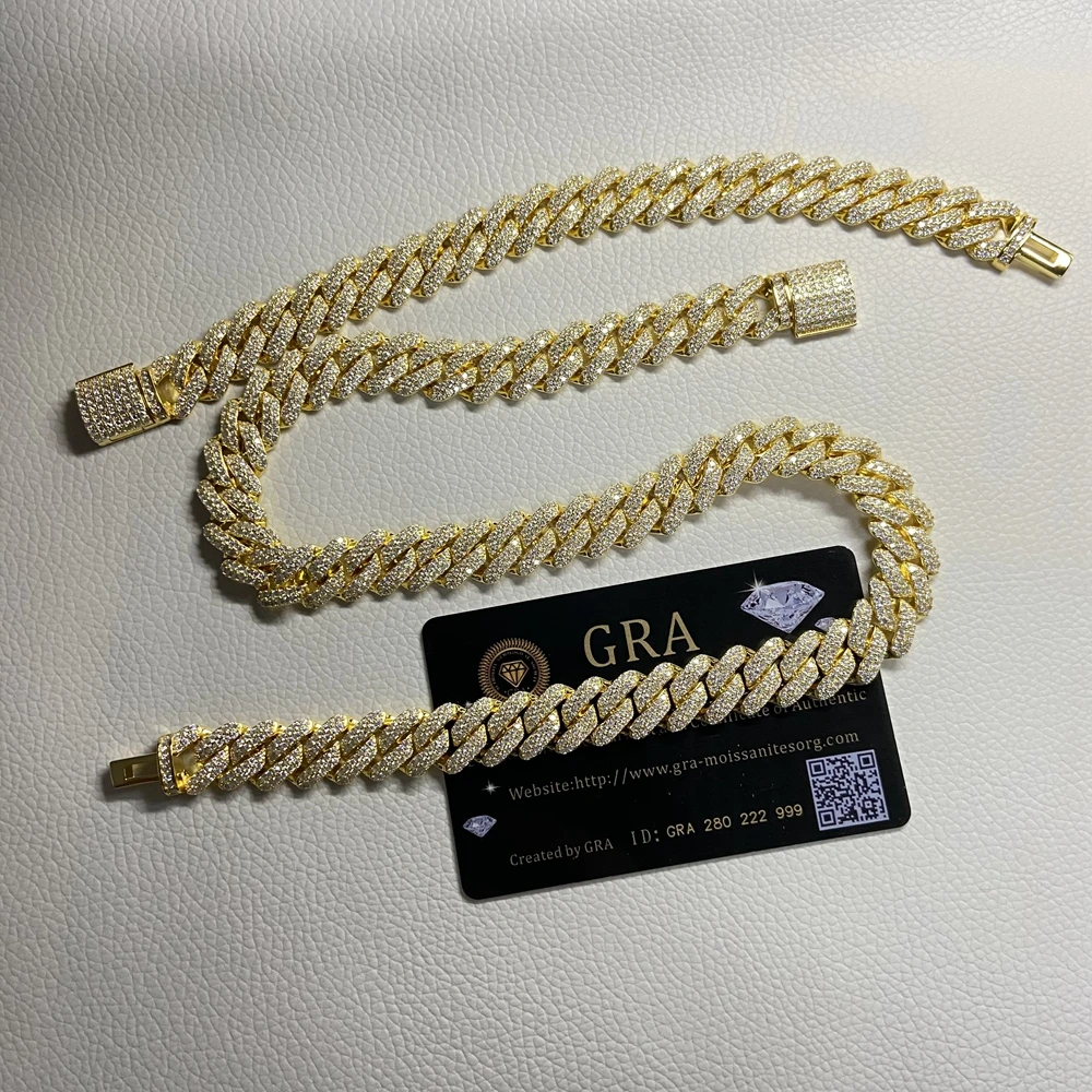 18K Gold Plated 14mm Hip Hop Man Necklace Iced Out Diamond Moissanite Silver Cuban Link Chain For Party