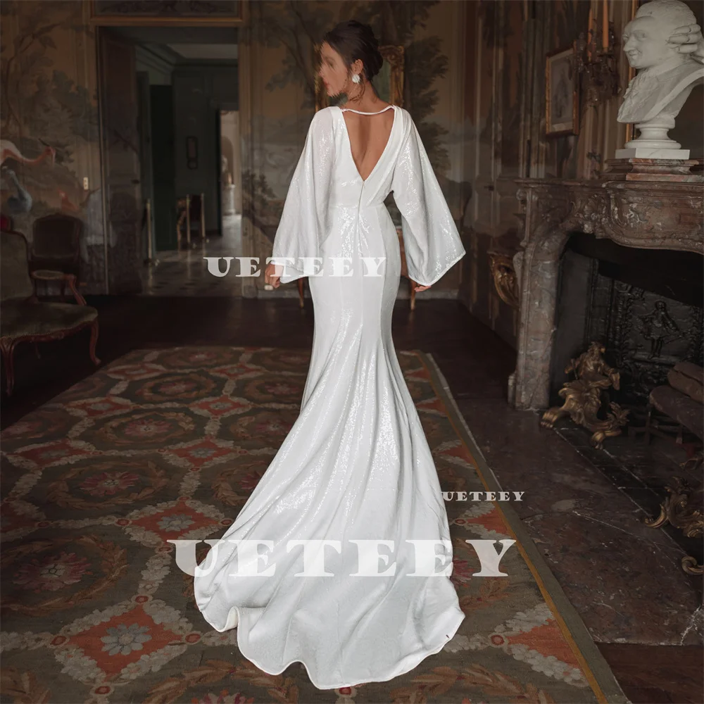 UETEEY Customized Shiny Sequins Long Sleeves Deep V Neck Mermaid Wedding Dress High Slit Zipper Back Court Train Bridal Gown