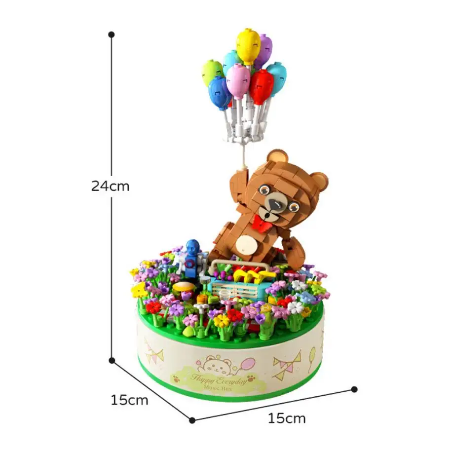 

Creative Music Box Block Cartoon Figures Construction Set Model Bear Balloon Building Brick Educational Toys For Kids Gifts