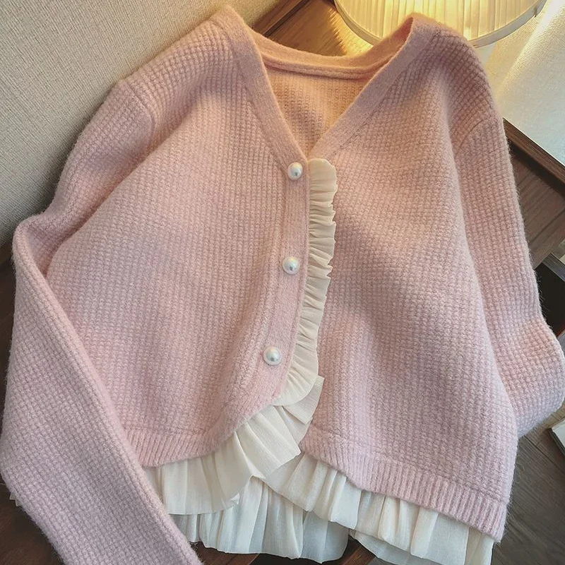 女性のエレガントなレースパッチワークカーディガンコートフレンチパールボタンショートセーターカーディガン秋ファッションストリートウェアVネックセーター