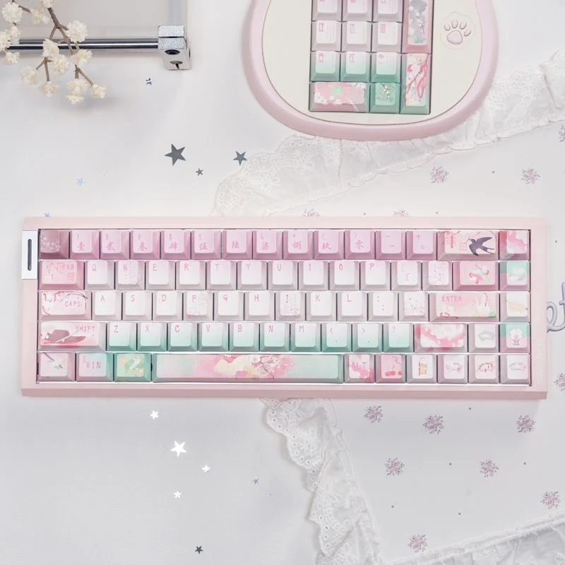 Custom Apricot Rain Pink Series Keycaps, OEM PBT Five-Side Dye-Sublimation, Unique High-End, for MX Switch Mechanical Keyboard