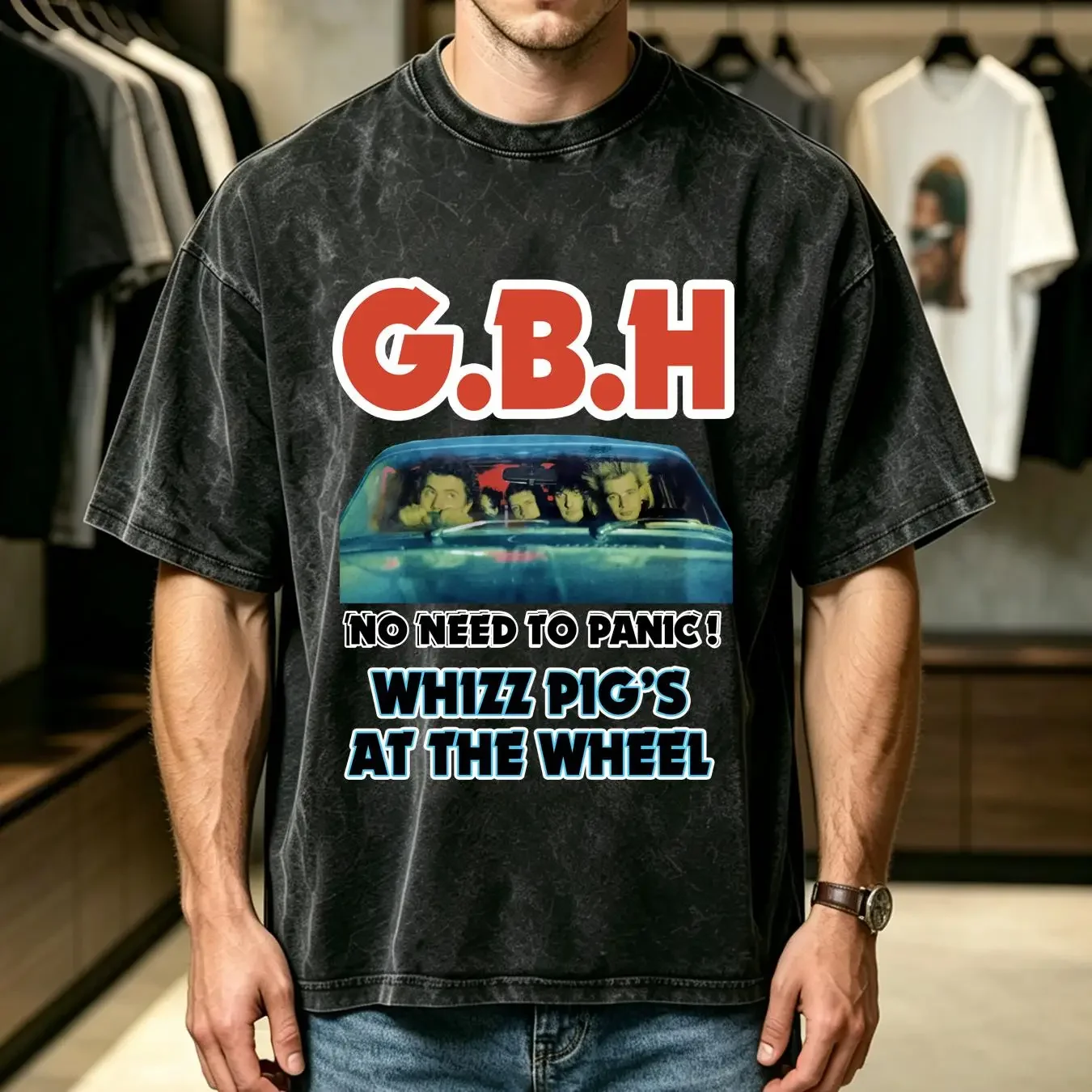 washed T Shirt Vintage GBH No Need To Panic Whizz Pigs At The Wheel 1989 Sz XS UK Punk vintage Washed designer clothes