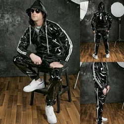 Men's PU Leather Gloss Wetlook Jacke Jacket Hoodie Jogging Suit Sportswear  Motocross Jersey and Pants