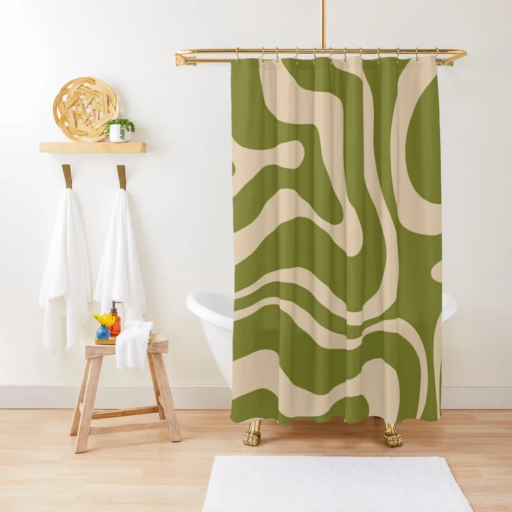 

Retro Modern Liquid Swirl Abstract Pattern Square in Mid Mod Olive Green and Beige Shower Curtain Bathroom Accessorys Curtain