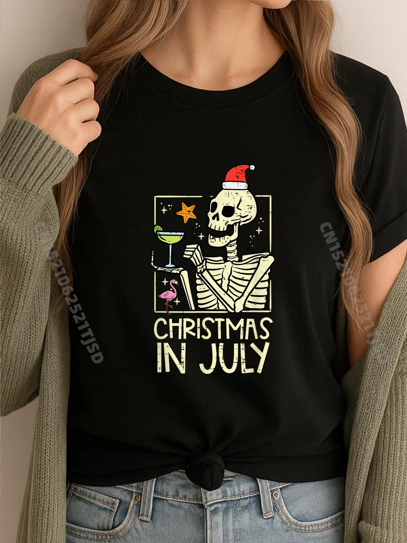 

Рождество, июль, скелет, фламинго, забавная летняя рождественская женская серая рубашка, футболка с рисунком, роскошная одежда, женская футболка для женщин
