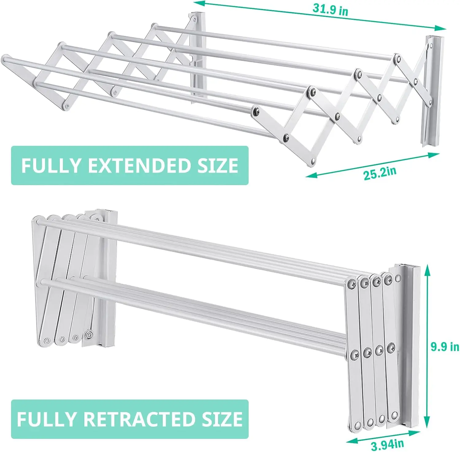 

Wall Mounted Clothes Drying Rack, 31.9" Wide Large Rustproof Retractable Drying Rack, 8 Bar Space-Saving Aluminium (Silver)