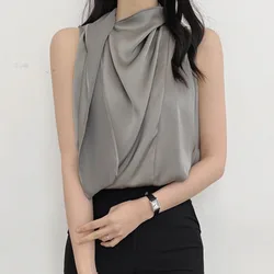 Temperament High Neck Ribbon Satin Glossy Loose Sleeveless Blouse for Women Blusas De Mujer Sexy Tanks Black  Camis Shirts