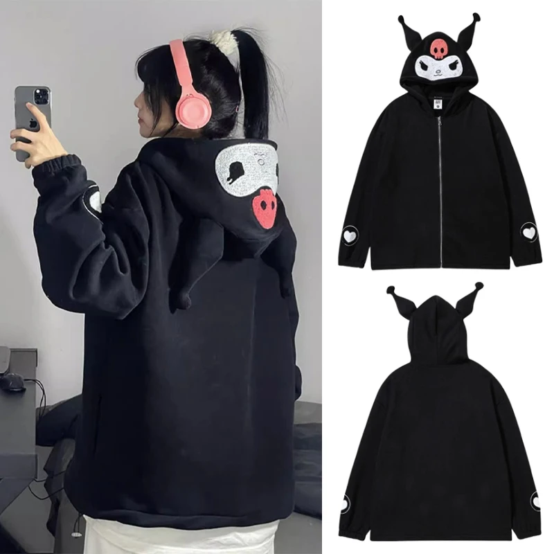 

Sanrio Kuromi толстовки с капюшоном из мультфильма аниме на молнии, женская осенне-зимняя куртка-кардиган с длинными рукавами, свободные повседневные пальто
