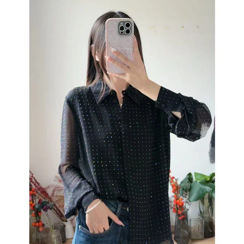 Ele Bla Full Drill Long Sve irt Australian Whistle Pure Sle Casual Loose Fit Polyester Fiber Skin-friendly Breat...