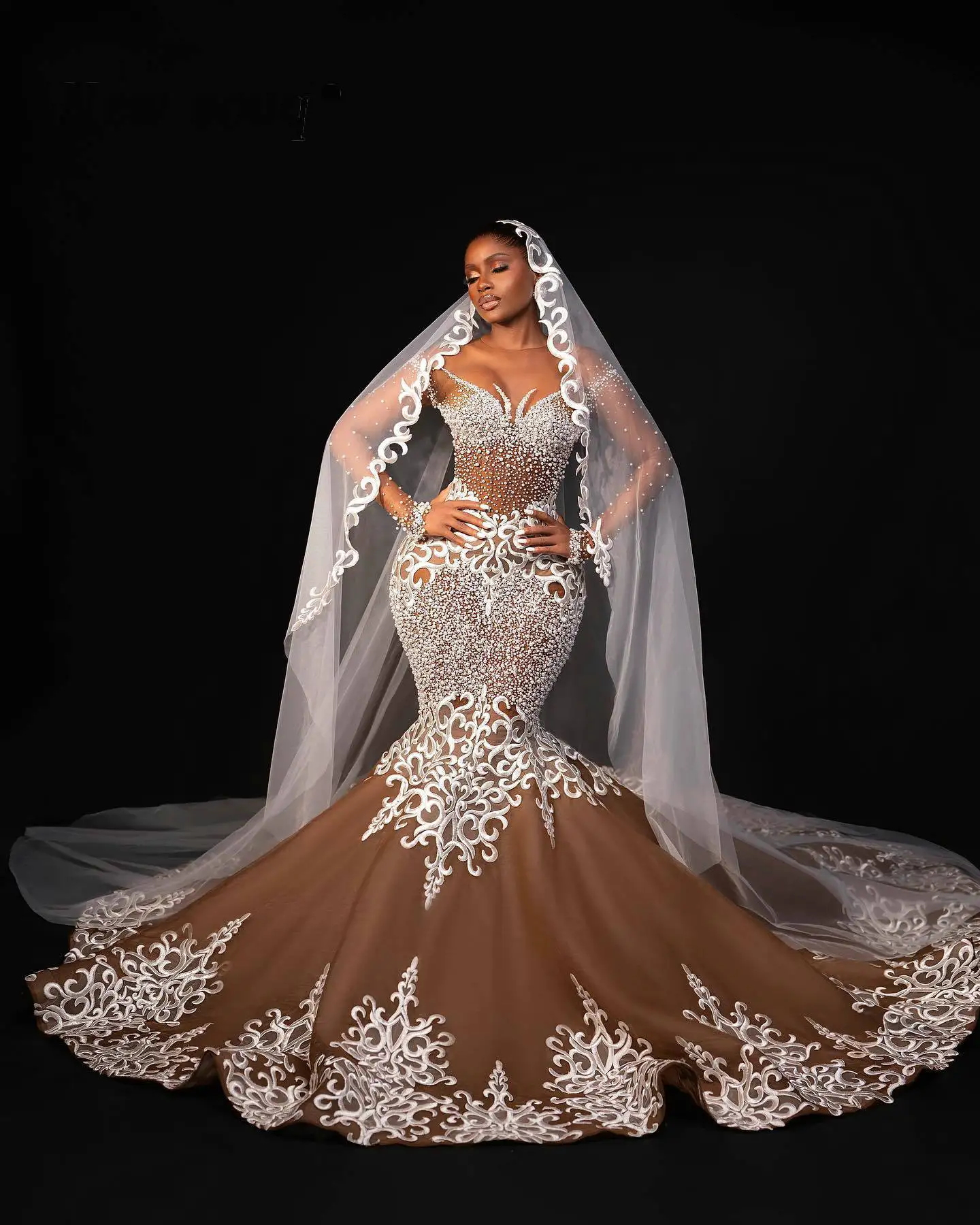 African Aso Ebi Mermaid Long Sleeves Wedding Dresses for Black Girls Pearls Beaded Lace Nigerian Bridal Gowns Customized