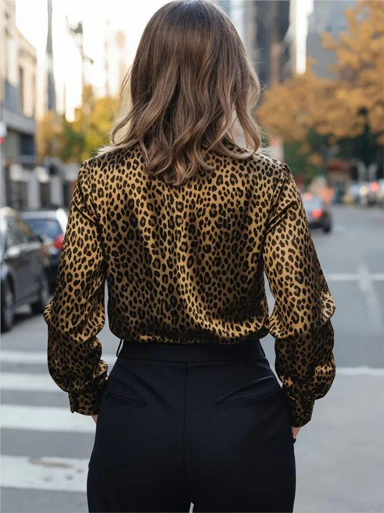 Sexy Leopard Print Top Spring Autumn Woman's Fashion Flip Collar Single-breasted Cardigan Ladies Leisure Long Sleeves Streetwear
