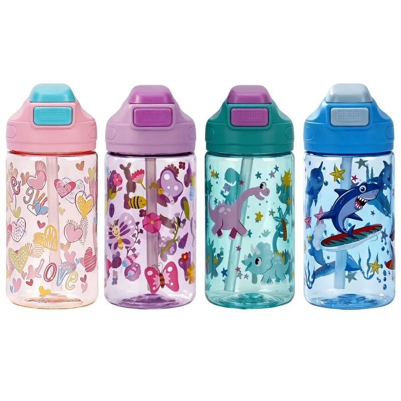 410ml Dinosaur Water Bottle For Kids Water Sippy Cup With Silicone Straw Leakproof Plastic Water Bottles Summer Kids Water Cup