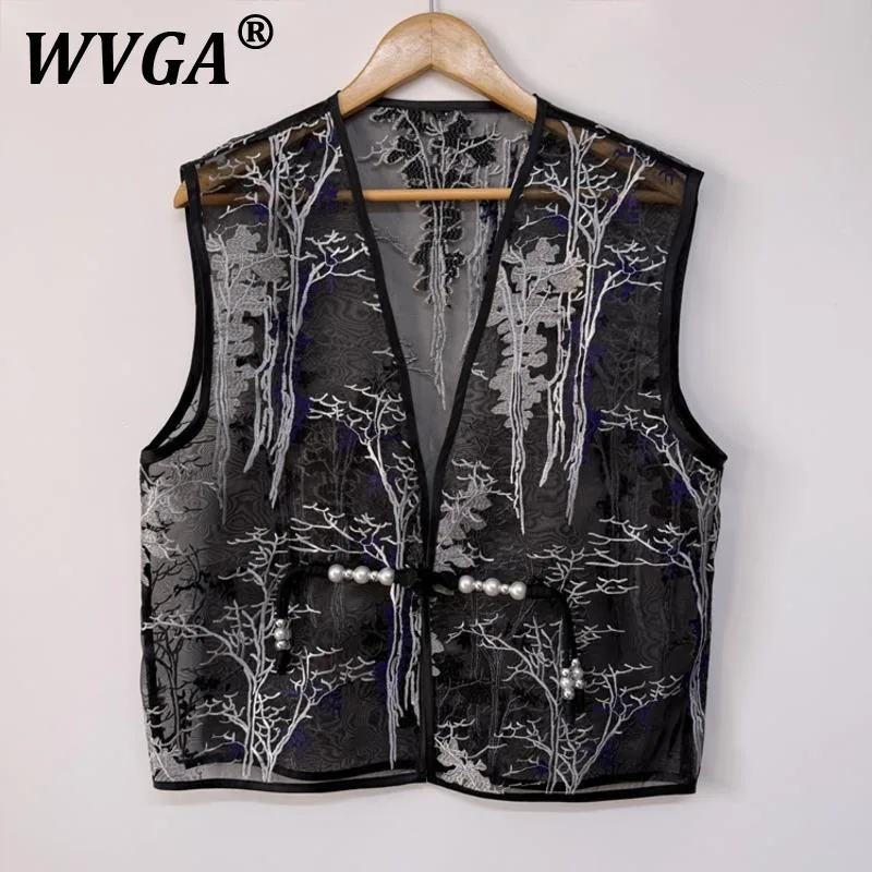 

WVGA весна лето новый мужской сетчатый многослойный жилет с вышивкой нишевый шикарный повседневный топ на пуговицах с жемчугом и одной пряжкой Ins W8610