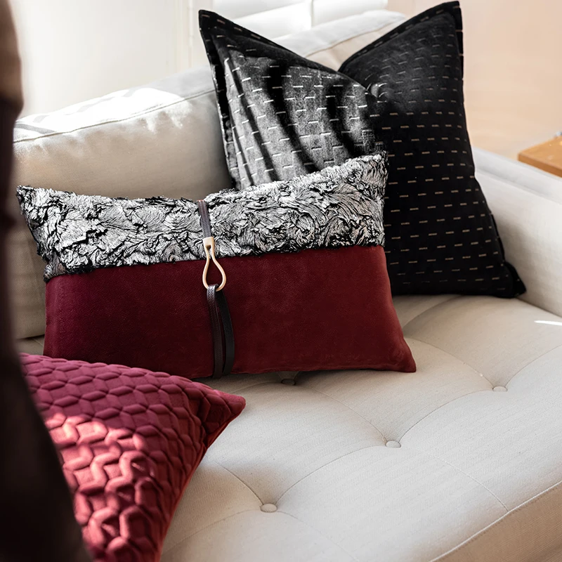 Burgundy Black Color Pillows Geometric Patchwork Cushion Case Modern Luxury Decorative Pillow Cover For Sofa Chair Home Decorate