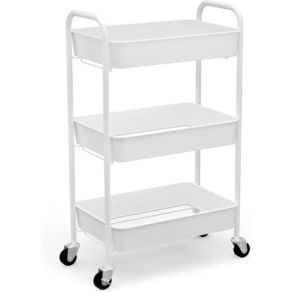 

3-Tier Rolling Metal Storage Organizer - Mobile Utility Cart Kitchen Cart with Caster Wheels, White