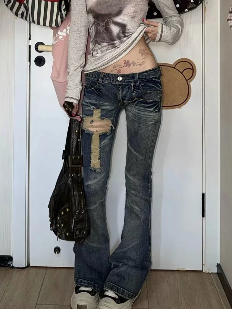 Trendy Y2K Women Flare Jeans Vintage Blue Washed Denim Pants Cross Bootcut Trousers Grunge Aesthetic Casual Streetwear Female