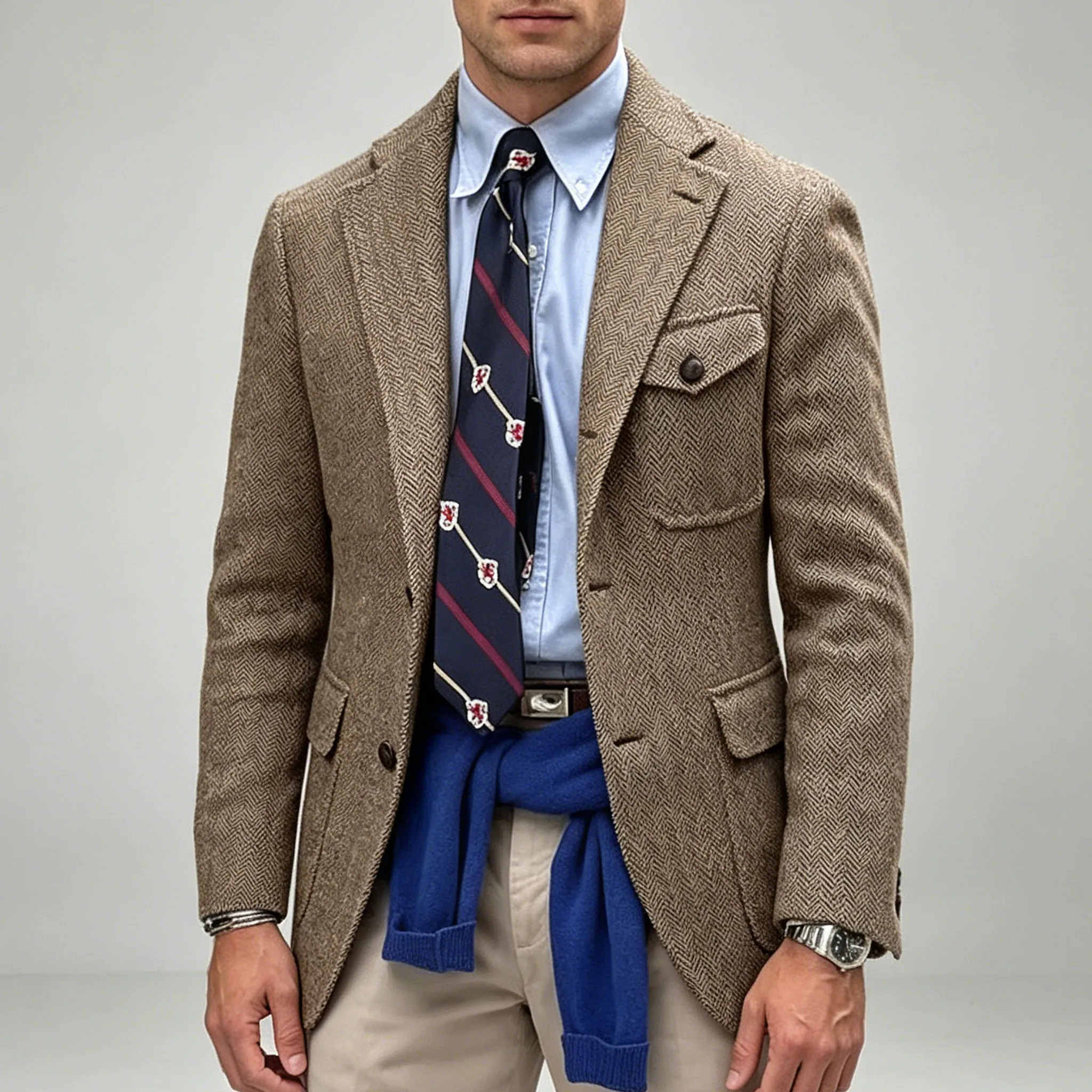 vintage Men's brown herringbone tweed jacket Multi Pocket Slim Fit Notch Lapel Wool Sport Coat for Business Casual Daily Wear