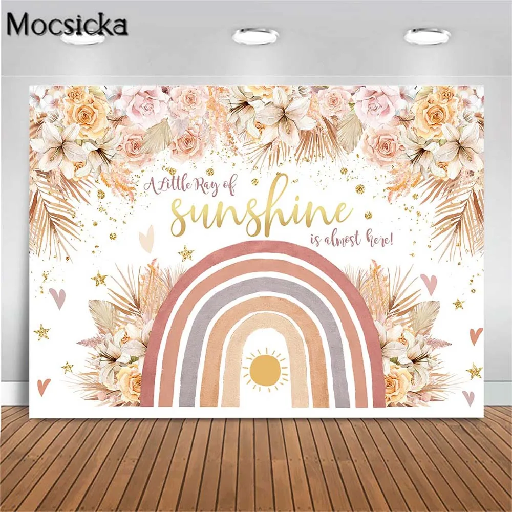 

Mocsicka Bohemian Rainbow Baby Shower Backdrop Photography Boho Flower Pampas Grass Girl First Communion Photo Background Studio