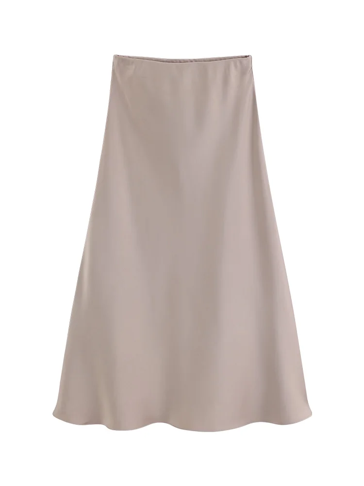 French Satin Midi Skirt for Women – Champagne A-Line Skirt with Side Slit, High Waist, Elegant Mermaid Hem, Fall Winter Outfit
