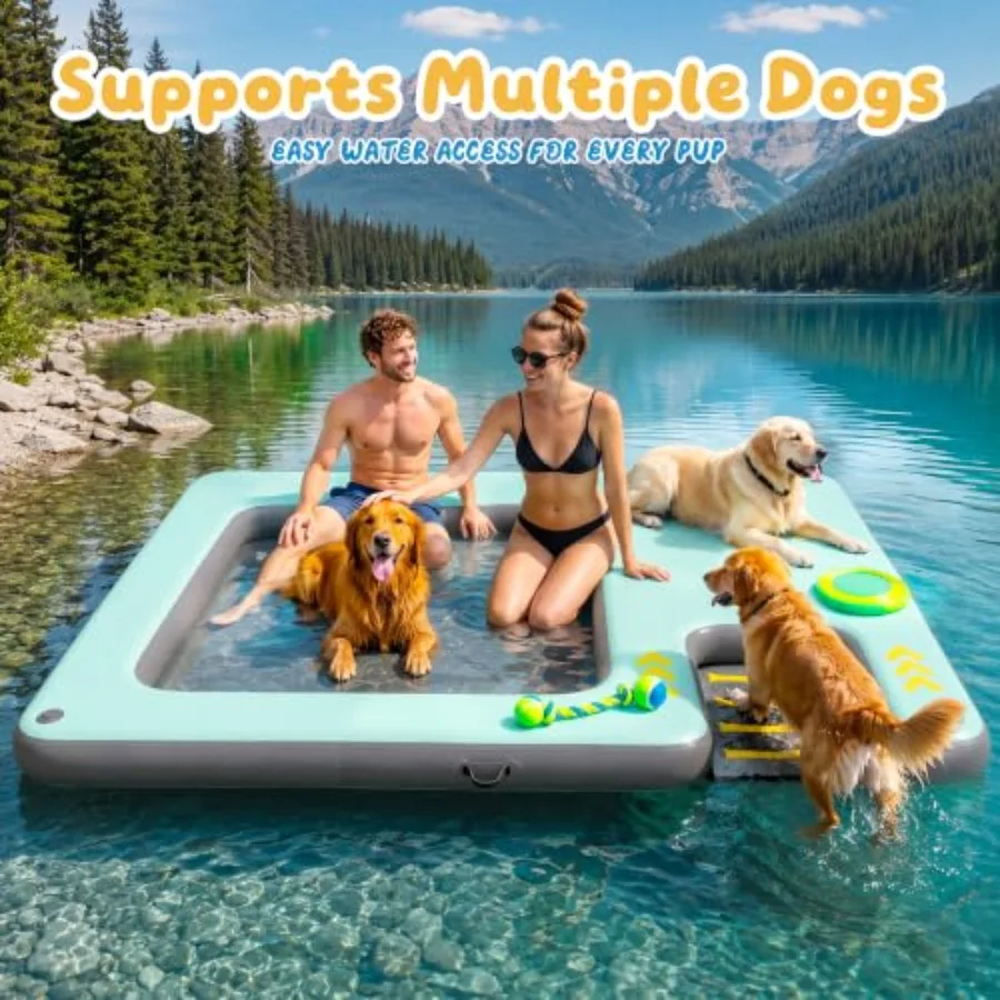 Inflatable Floating Dock with Dog Ramp for Lake Pool River Ocean Use, Heavy-Duty PVC Mesh Water Hammock Platform in Blue with N