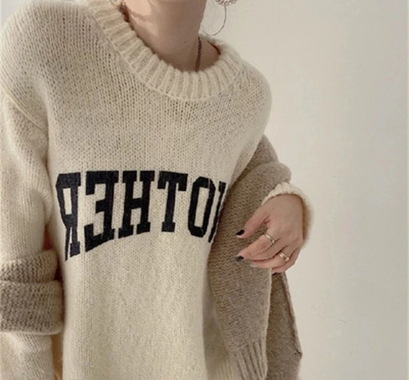 Korean Fashion Autumn and Winter Candy Color Sweater Pullovers for Women Loose  Sweater Letter Knitted Pullovers