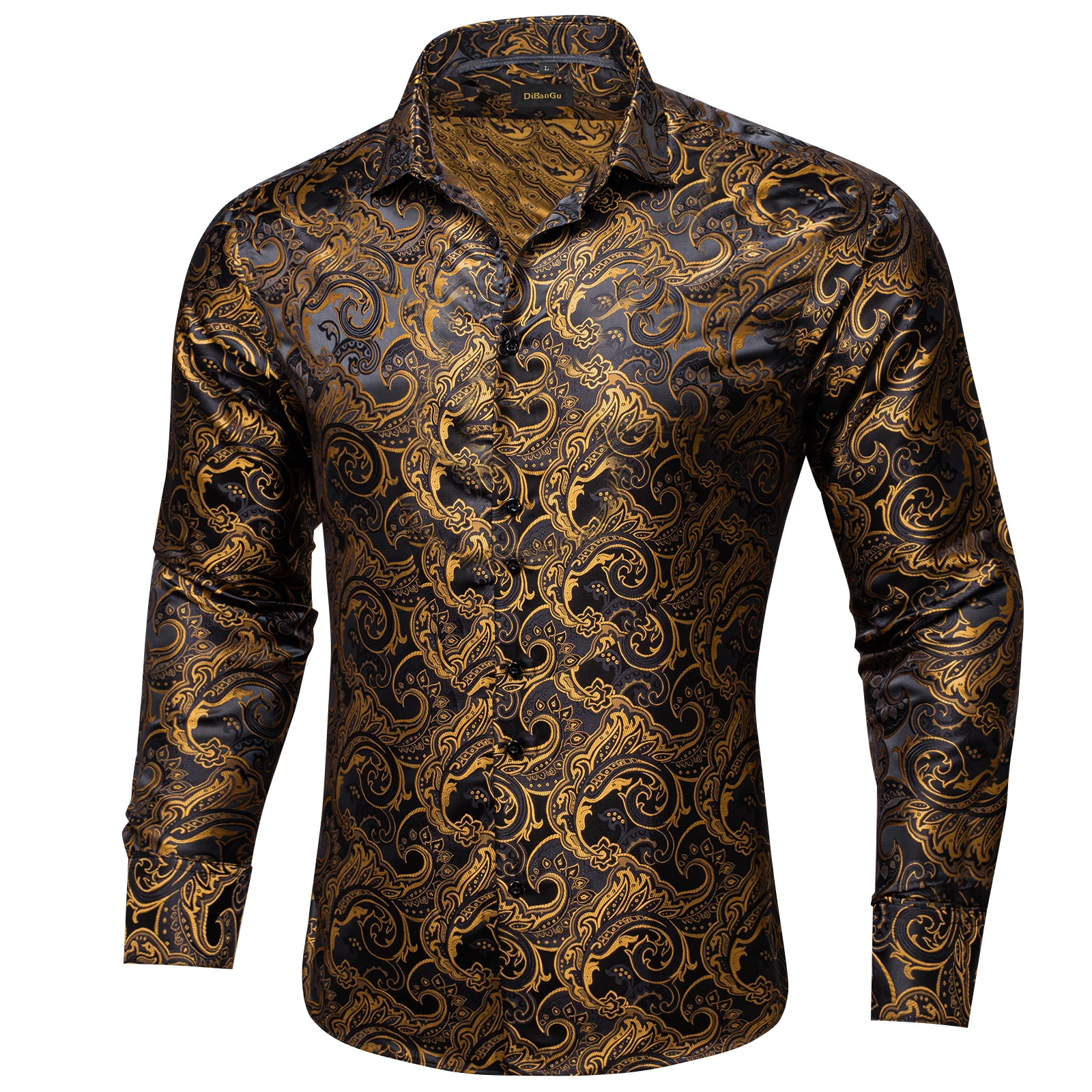 Luxury Men Dress Shirt Formal Prom Tuxedo Long Sleeve Silk Polyester Golden Color Paisley Black Shirts Blouse Men Clothing