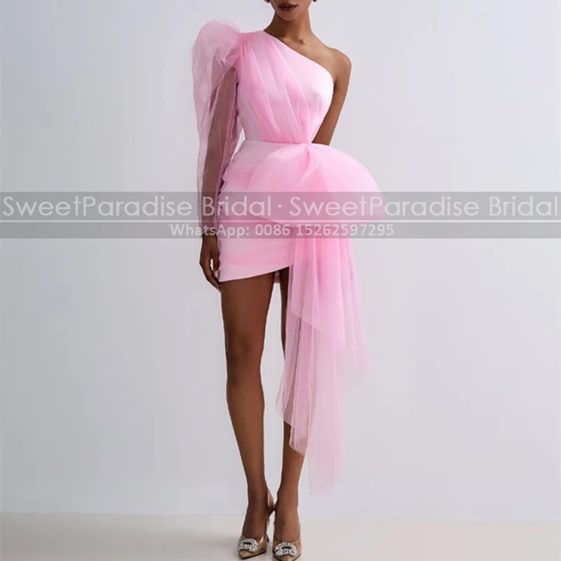 

Sheath Short Cocktail Dresses One Shoulder Single Long Sleeves Waistline Cap Tulle Customized Mini Masquerade Dress Party