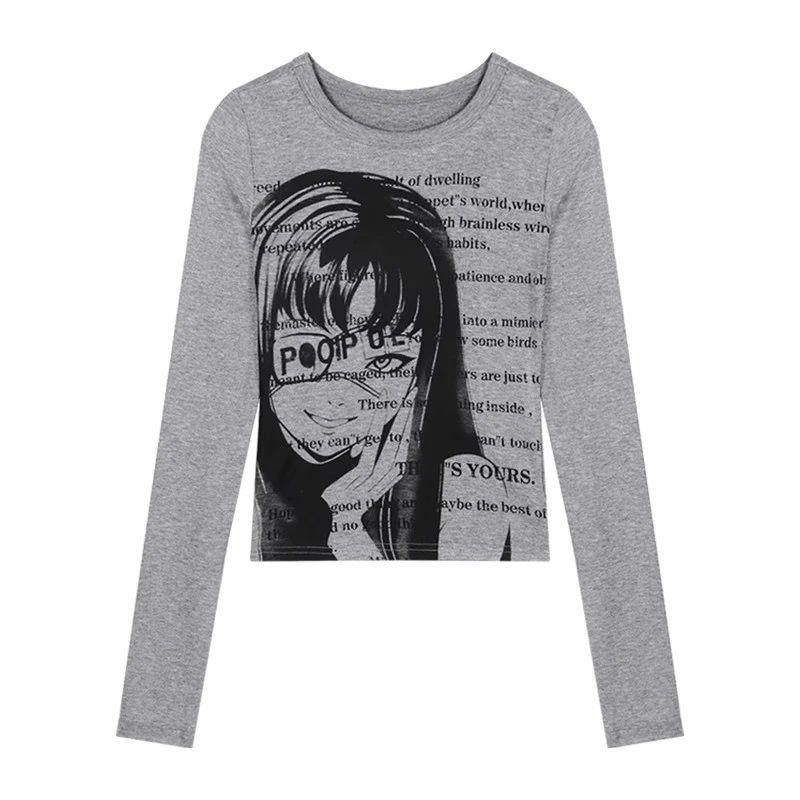 Women\'s Anime Printed T-shirt Autumn Slim Short Tops Bottom Long Sleeved O-neck Crop Top Skinny Streetwear