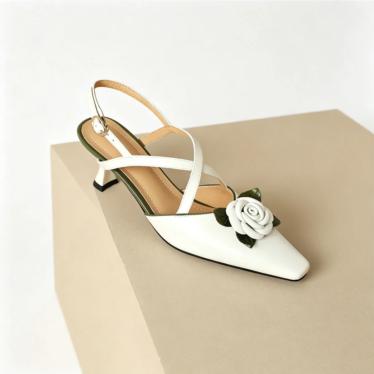 2026Summer Women Sandals Split Leather Shoes for Women Round Toe High Heel Modern Sandals Flower Slingback Mixed Colors Shoes