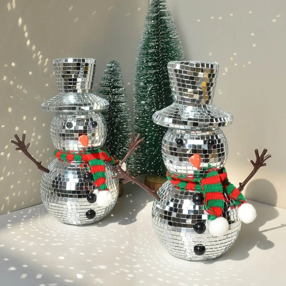 Silver Snowman Ornament Exquisite Small Size Mirror Disco Balls with Knitted Scarf Home Decor Figurines Birthday Party
