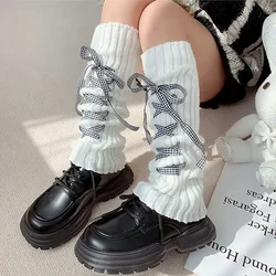 Women Cute Cross Bowknot Lace-up Leg Warmers Y2k Lolita Ballet Style Subculture Knitted Fabric Slimming Warm Slouchy Sock Covers