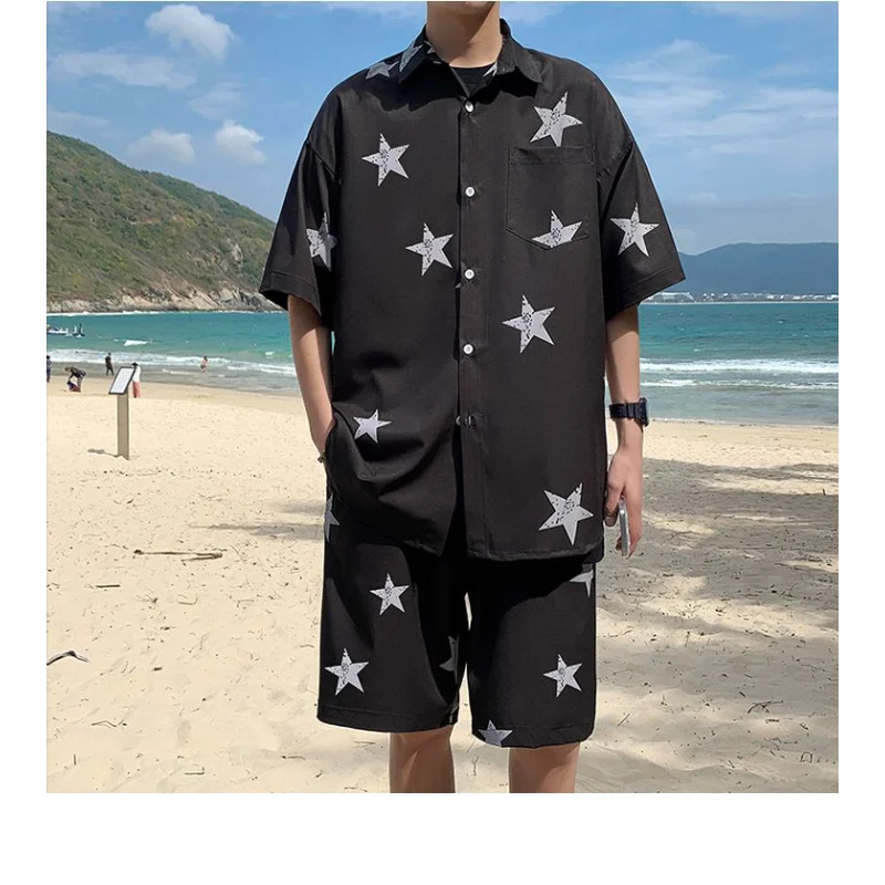 قصيرة الأكمام الصيف تنفس وسيم عارضة دعوى قميص الرجال السراويل فضفاضة قطعتين مجموعة العصرية