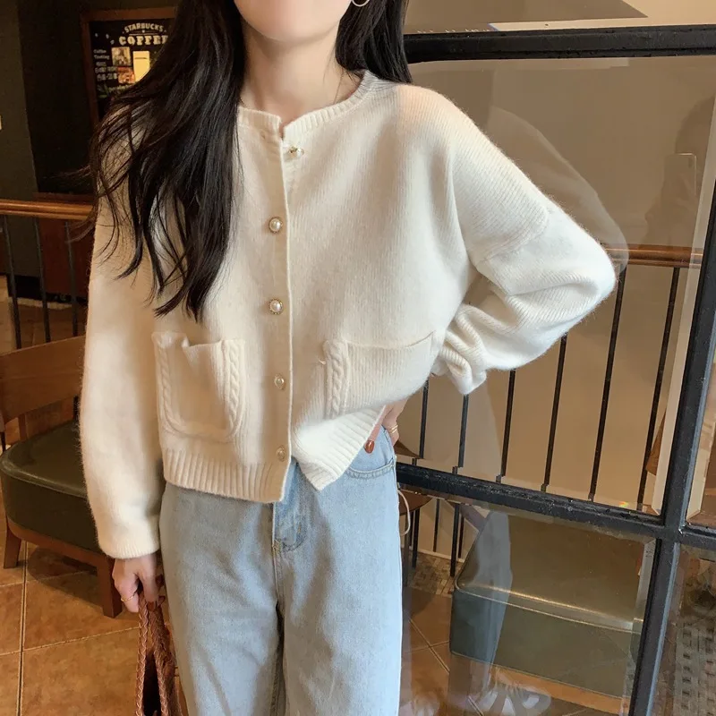 Sweet Candy Color Short Cardigan for Women Korean Fashion New Autumn Loose Long Sleeved Knitted Cardigan Women