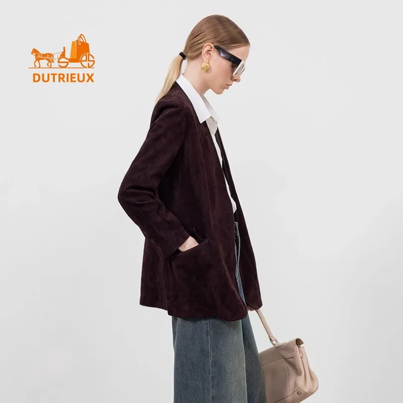 Giacca in vera pelle con scollo a V in pelle scamosciata da donna nuova autunno, vera pelle di pecora al 100%, cappotto da donna slim fit elegante e alla moda