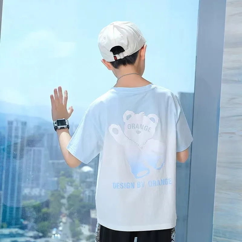 Summer Kids Clothes Boys Fashion American Style Cartoon Little Bear Gradient T Shirt Short Sleeve Tops Children's O-Neck Tees image 2
