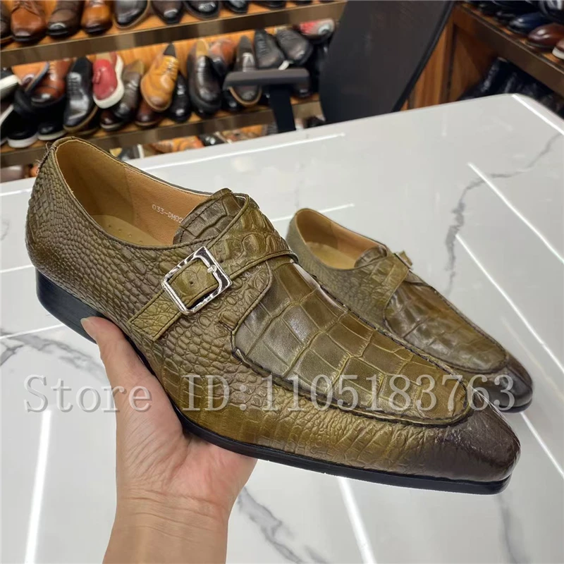 Zapatos de Vestir Formales para Hombre con Estampado de Cocodrilo, Color Verde Oliva Vintage, de Cuero Genuino, con Hebilla y Correa, Tacón Bajo
