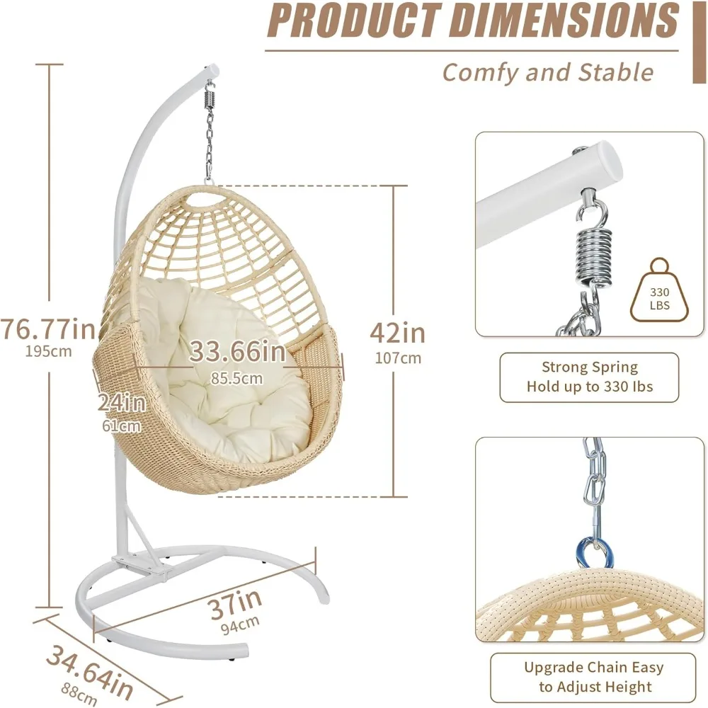 Hanging Egg Chair with Stand, 330lbs Capacity Patio Wicker Egg Swing Chair with UV Resistant Cushion for Bedroom Garden