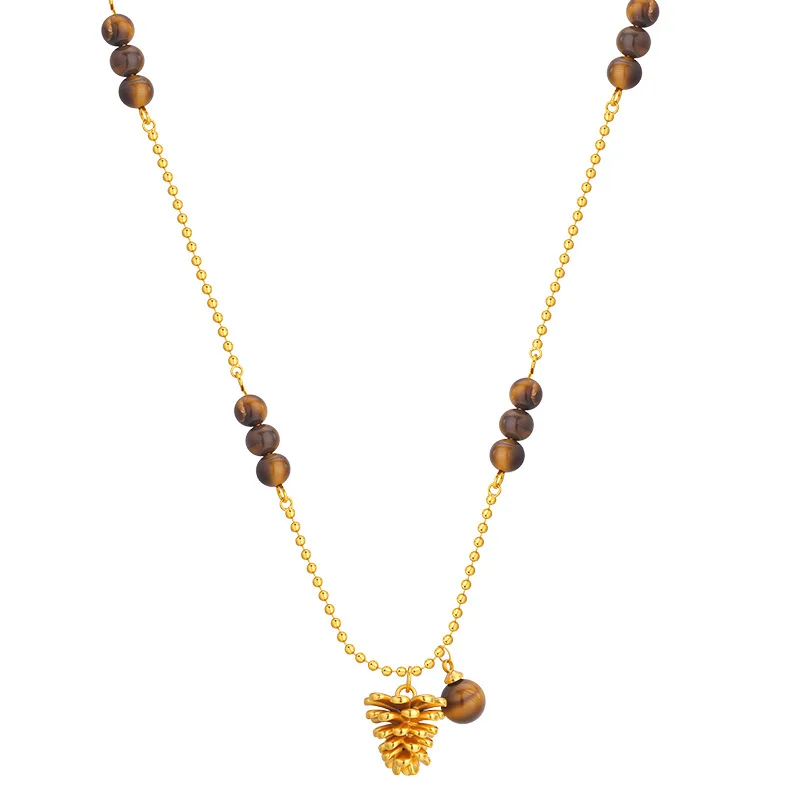 Bracelet Hand String Autumn And Winter Vintage Pine Cone Pendant Imitation Tiger Eye Necklace Accessories Maillard Light Luxury 5