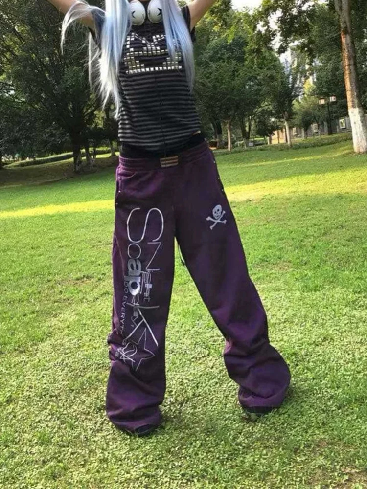 Women Purple Wide Leg Pants Washed Skull Letter Graphic Print Loose Fit Elastic Waist Casual Y2K Streetwear Baggy Pants