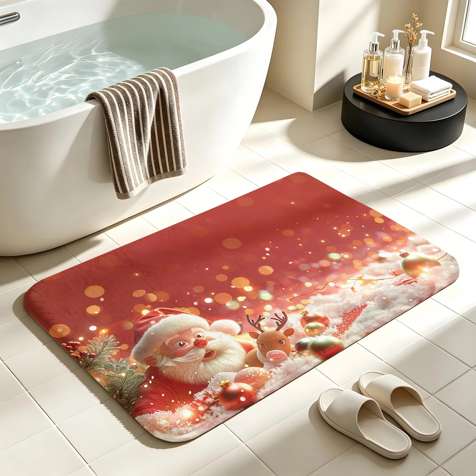 Bokeh Santa Reindeer Snow Bauble Print Plush Absorbent Sponge Mat,Bathroom Non‑Slip Mat & Decorative Door Mat