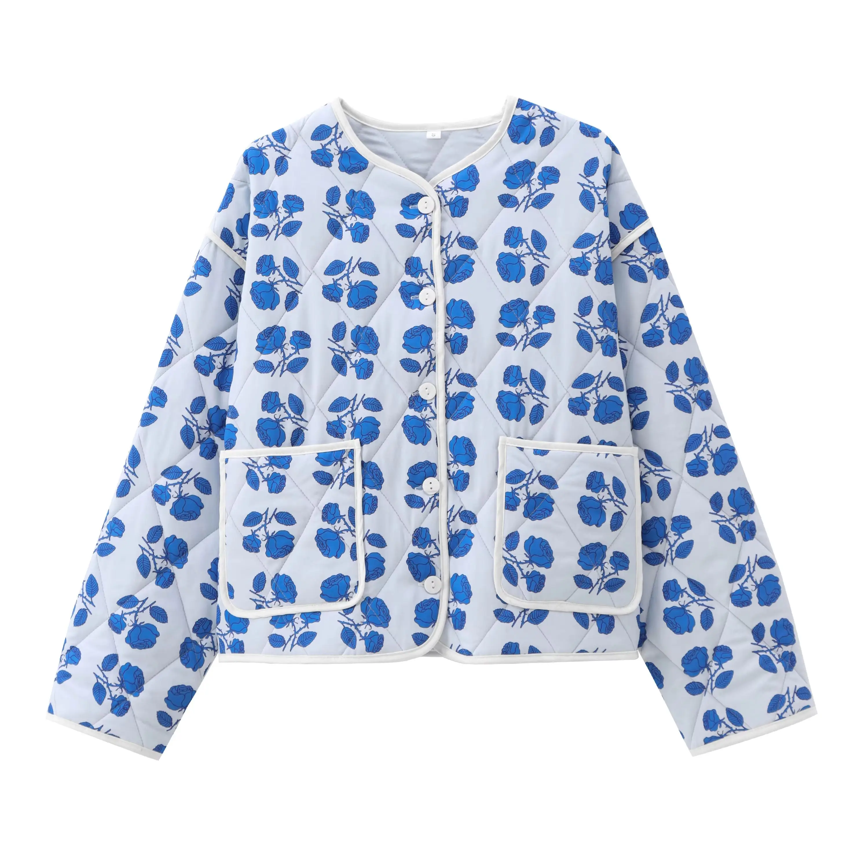 

KONDALA винтажная синяя женская осенняя повседневная куртка с цветочным принтом, модная уличная одежда 2025 года, свободная верхняя одежда на пуговицах, короткое пальто большого размера с круглым вырезом