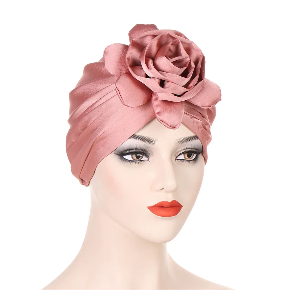 Big Flower Muslim Women Turban Satin Head Wrap Hijab Sleep Night Hat Chemo Cap Indian Elastic Beanie Ladies Hair Loss Headwear