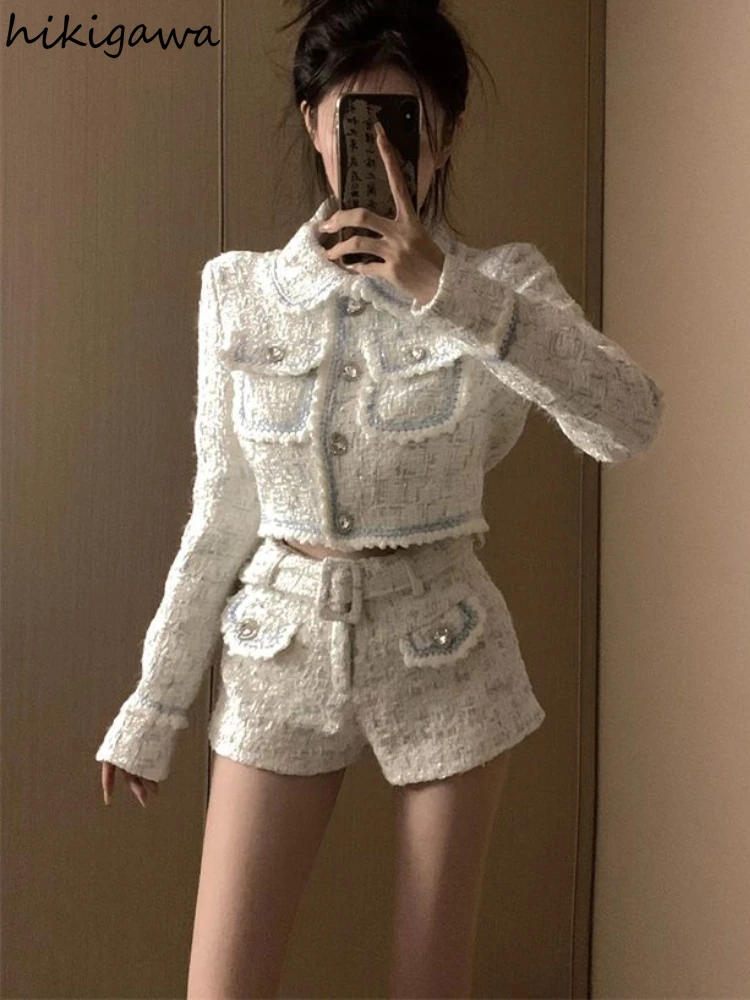 2 Piece Sets Womens Outfits Korean Clothing Temperament Tunic Crop Coats Tunic Shorts Suit Roupas Femme Chic Vintage Tweed Set