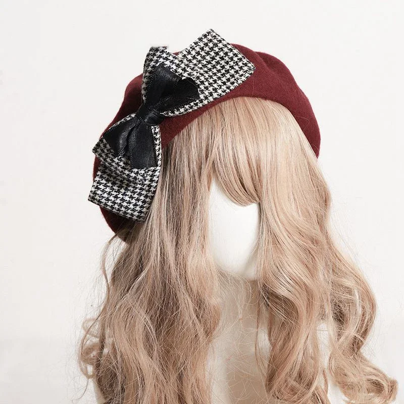 Lolita Plaid duża kokarda śliczny Beret jesienno-zimowa czapka czapka wełniane czapki Vintage Fascinator francuskie czapki dla kobiet dziewczyn