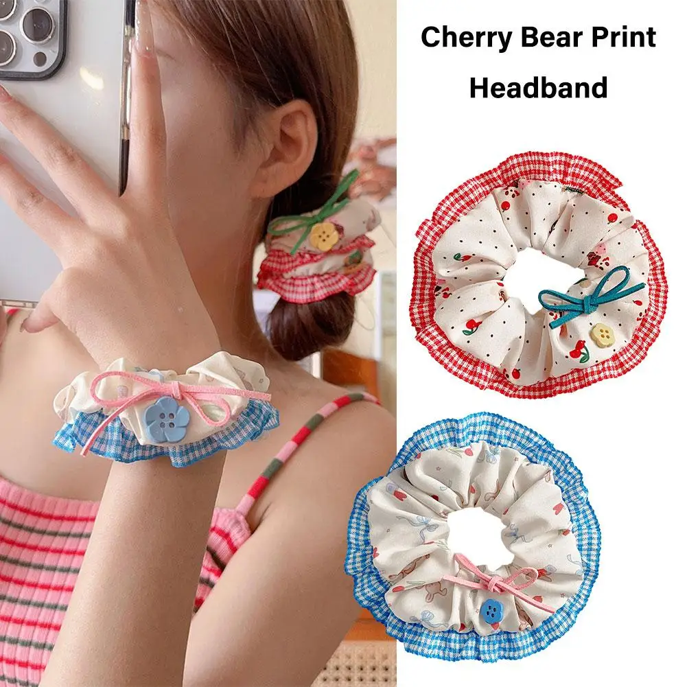 NEW High-end Sweet Cute Bear Cherry Strawberry Bow Wide Edge Hair Band For Women Girls Hair Tie Rope Cherry Print Headband L0R9