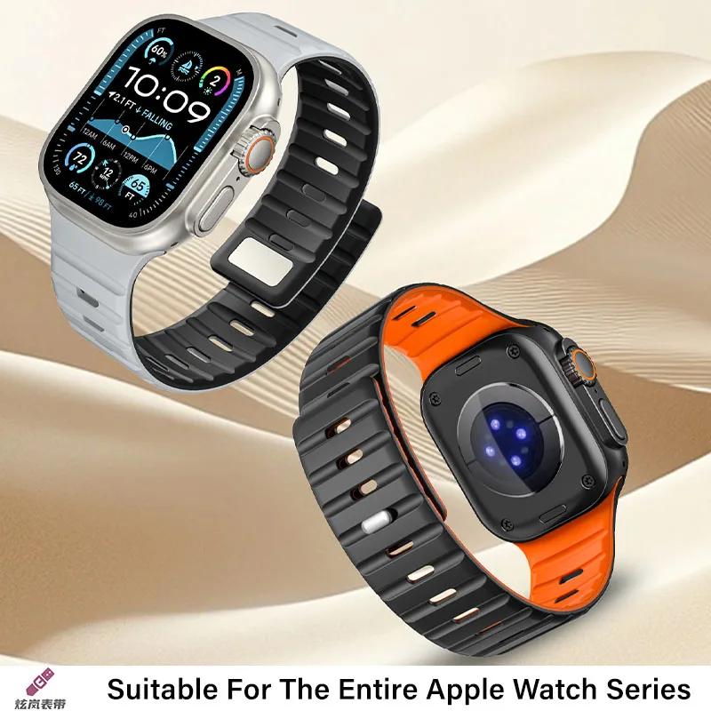 애플워치 울트라 2 49mm 44mm 45mm 46mm 42mm용 마그네틱 실리콘 스트랩, iWatch 시리즈 10 9 8 7 6 5 SE 호흡 밴드 팔찌