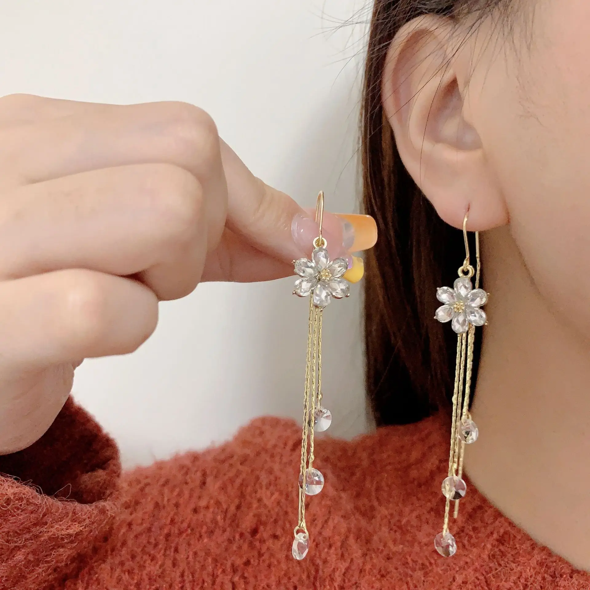 Luxus Kristall Zirkon Blume Quaste Drop Ohrringe für Frauen Exquisite Glänzende Zirkon Schneeflocke Lange Ohrring Hochzeit Schmuck – Detail 5