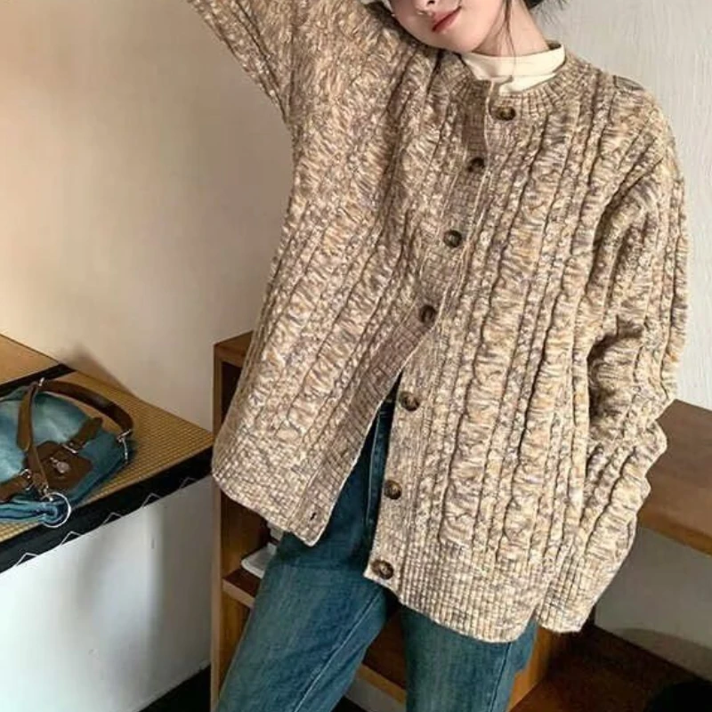 

Women's Colorblock Knitted Cardigan, Loose Twist Fashion, Autumn Trend Casual Striped Knit Sweater Jacket